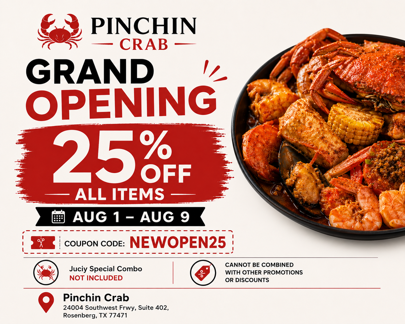 Crab N Go seafood platter promo - 10% off online orders $45+ at Liverpool, NY location.