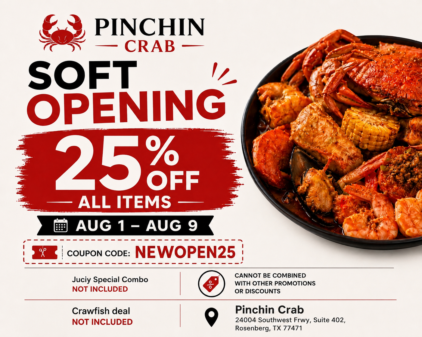 Soft opening poster for Pinchin Crab featuring seafood platter, 25% off all items Aug 1–9.
